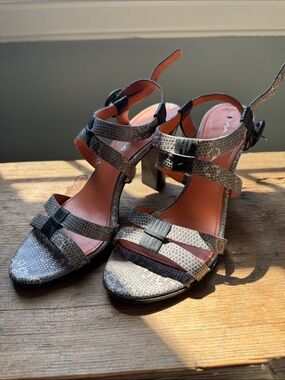 Via Spiga Snake-Effect Strappy Heels in Gray and Black